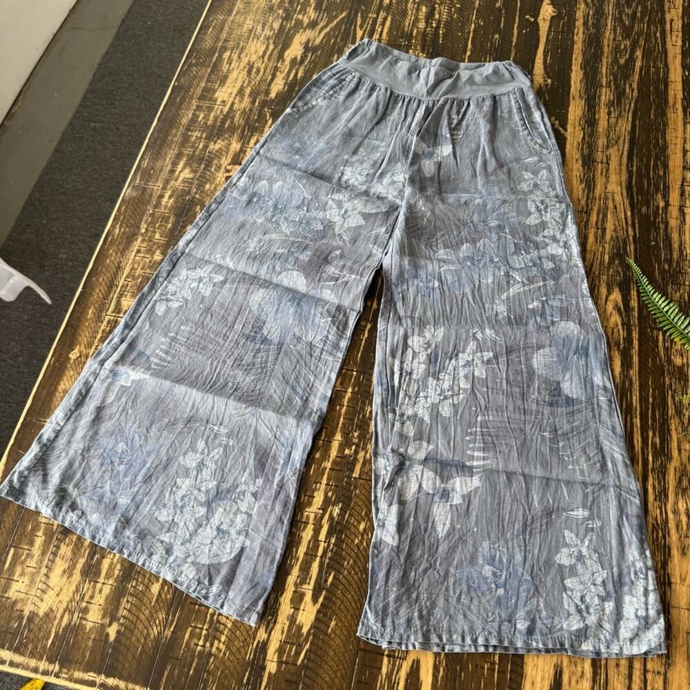 VENTI 6 - Blue Grey Linen Palazzo Wide Leg Pants - SMALL / MEDIUM